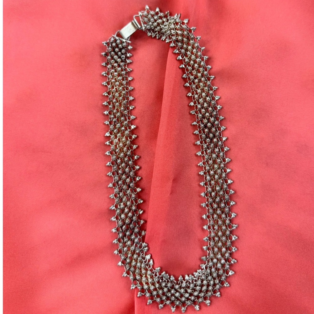 Vintage Silver Tone Mesh Woven Bib Collar Necklace Floral Starburst Statement